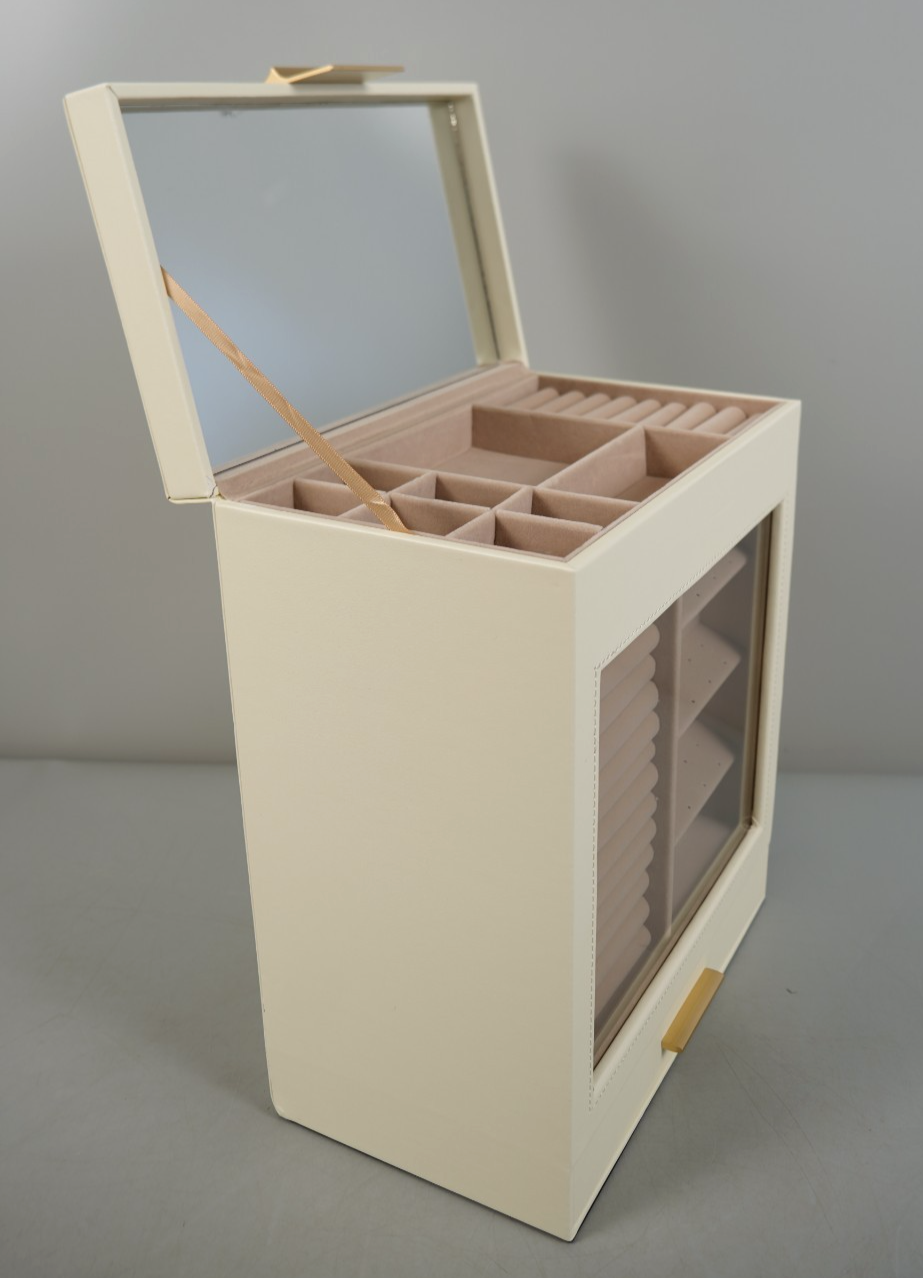 Jewellery Box with Glass Window 5-Layer Jewellery Organiser Gold Cream