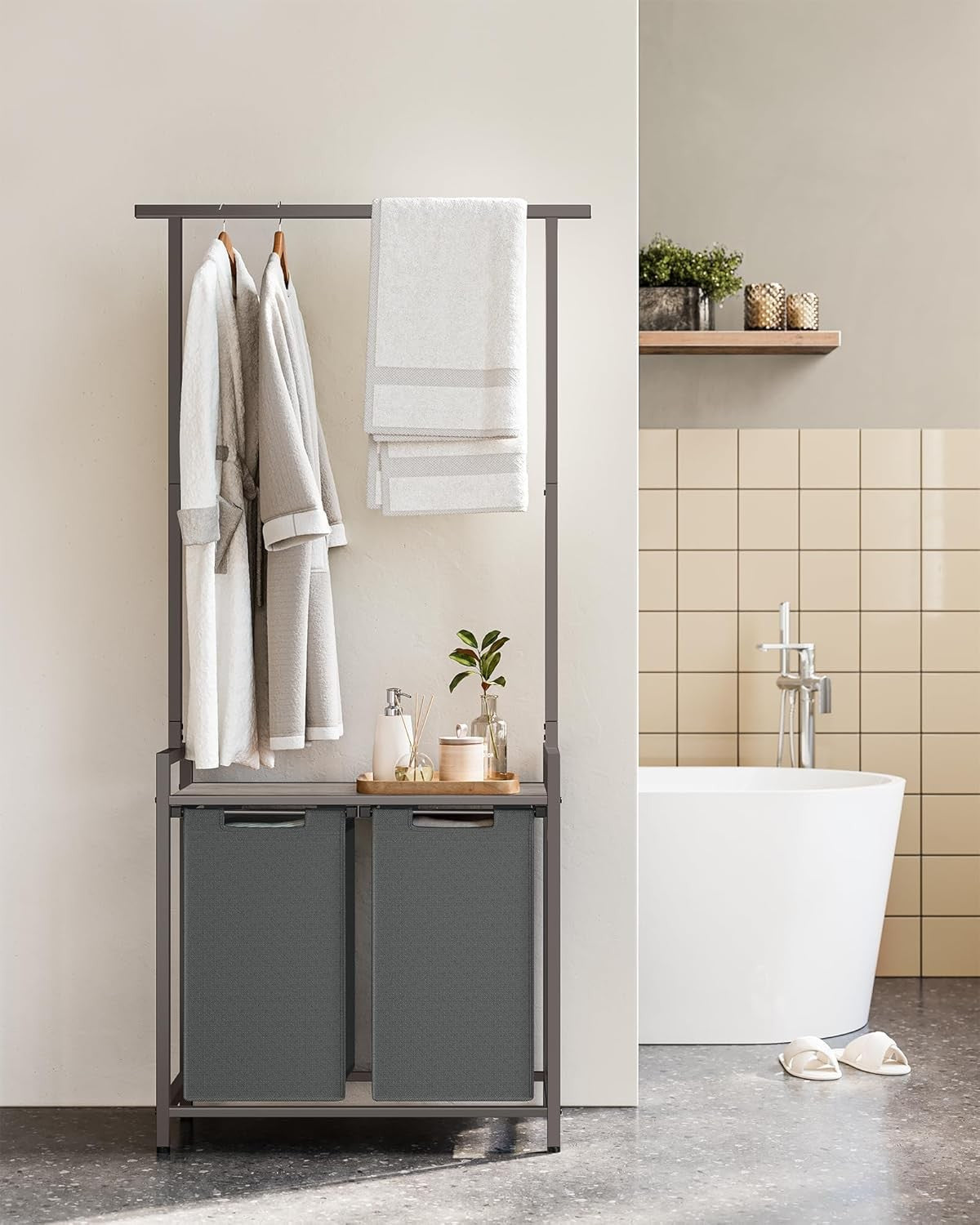 Laundry Basket 2-Section Laundry Hamper with Clothes Rail and Shelf