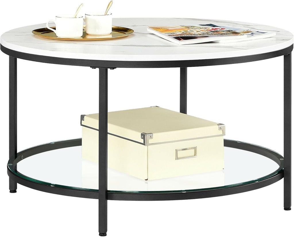 Coffee Table Marble Style Living Room Table Tempered Glass Modern Black Frame