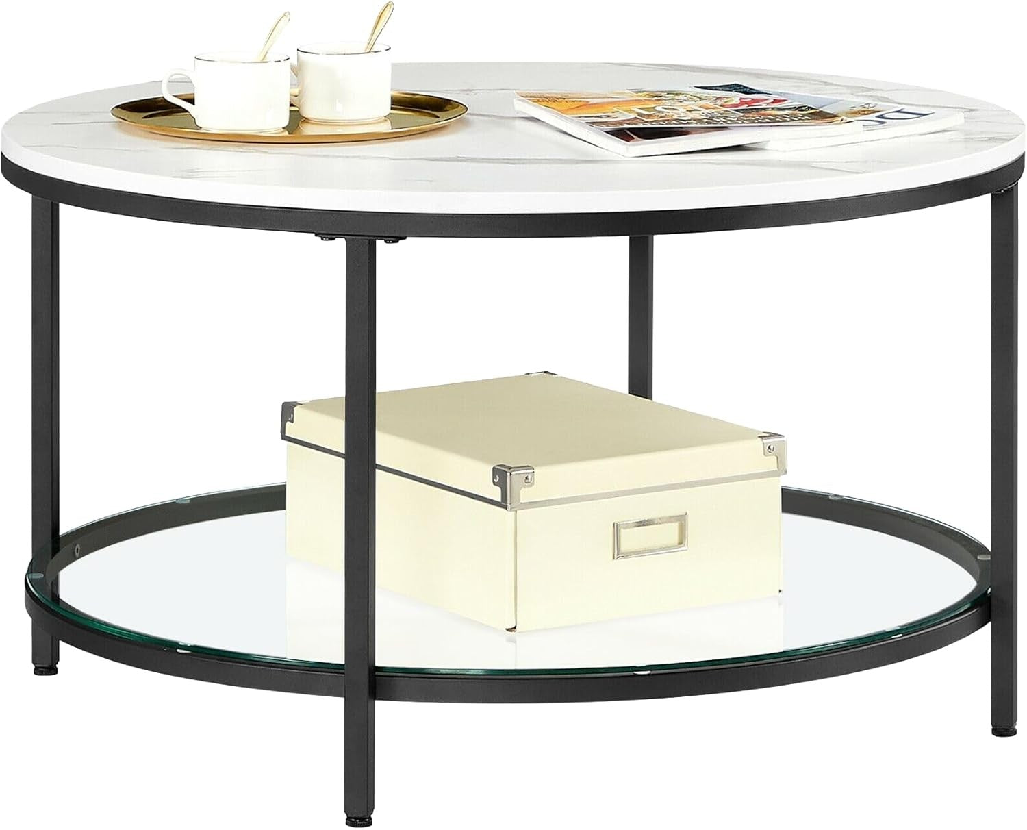 Coffee Table Marble Style Living Room Table Tempered Glass Modern Black Frame