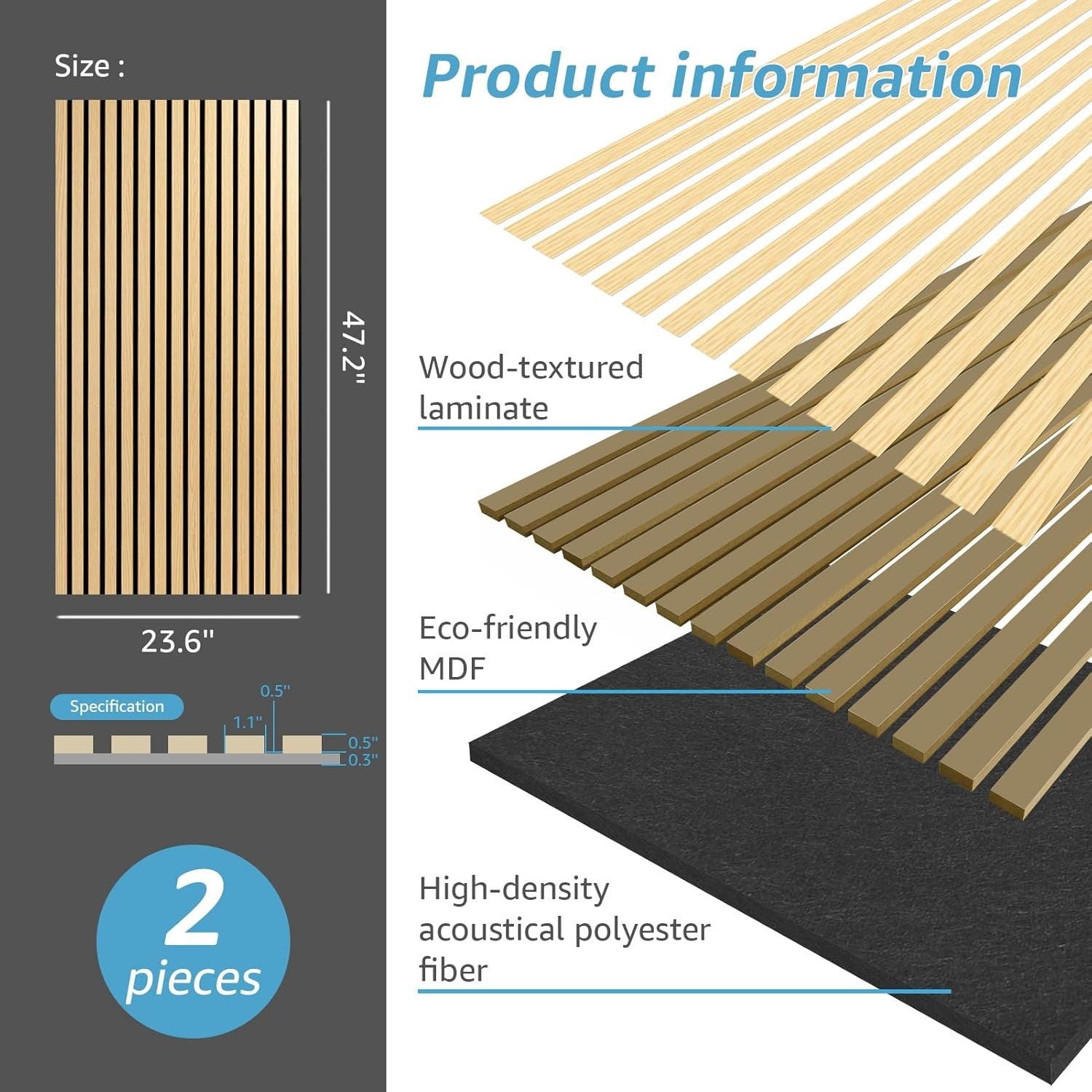 2 Wood Slat Acoustic Panels for Wall and Ceiling - 3D Fluted Sound Absorbing Pan