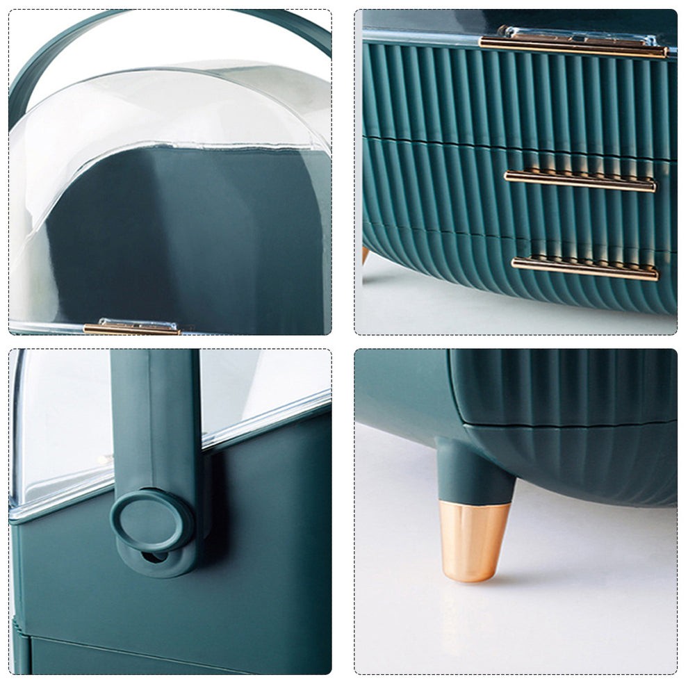 Elegant Makeup Storage Organiser Box Green with Drawers and Handle