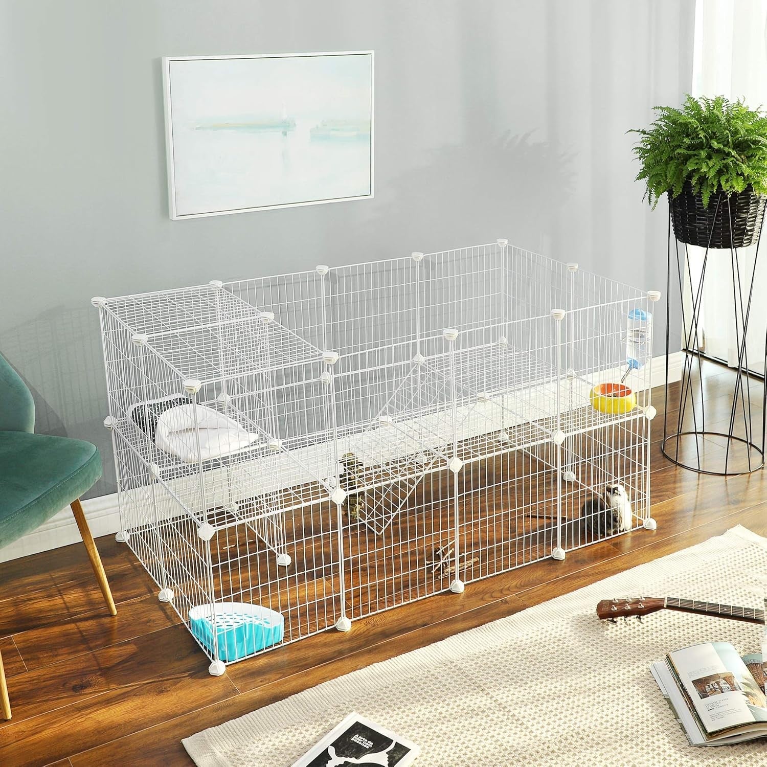Metal Pet Playpen Cage 2-Floor Customisable Enclosure SONGMICS for Small Animals
