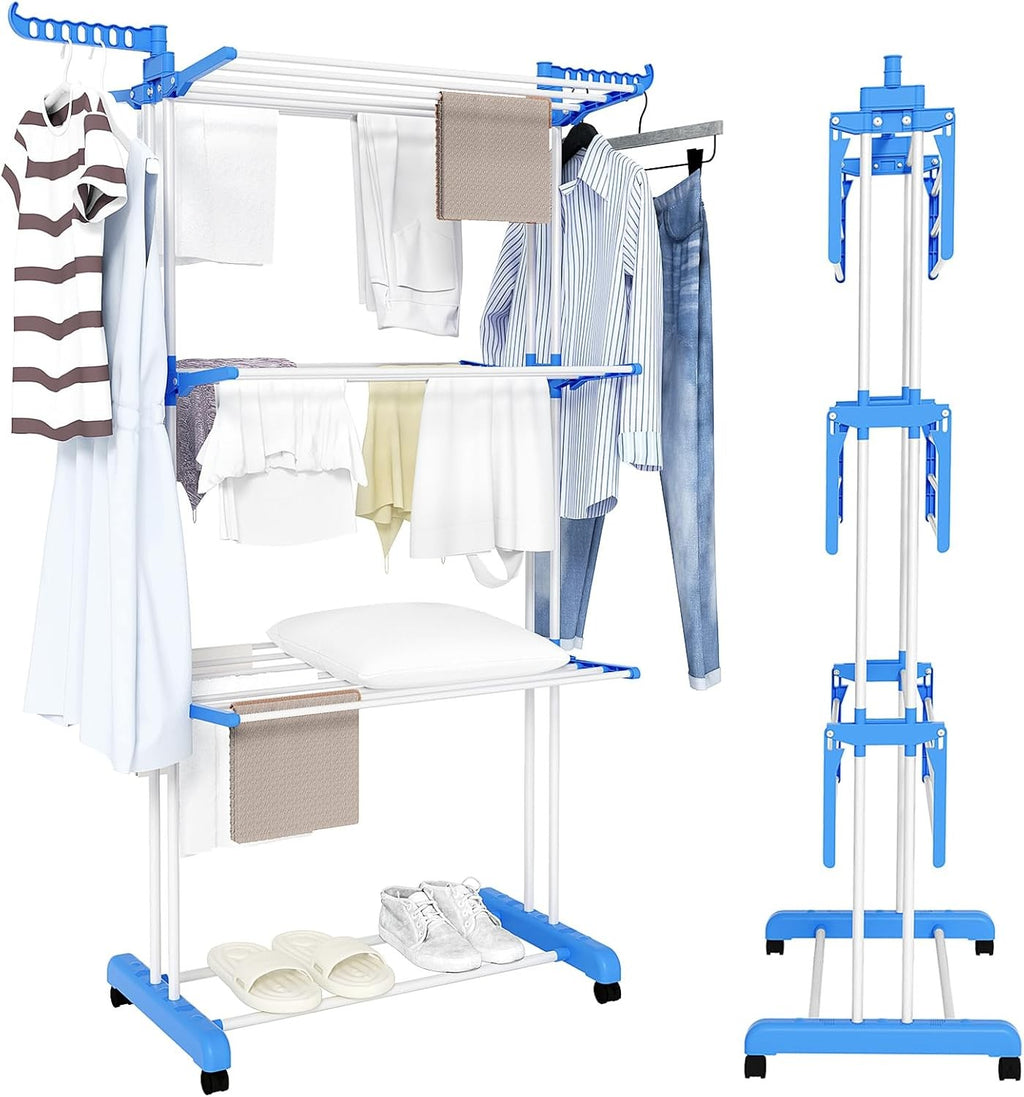 Adjustable Rolling Laundry Hanger, Foldable Wings Large Steel Garment Dryer 3 ti