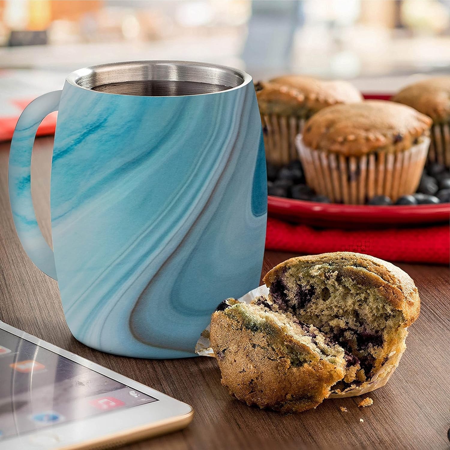 Double Wall Insulated Stainless Steel Mugs 2pcs w Wooden Finish Spill Resistant