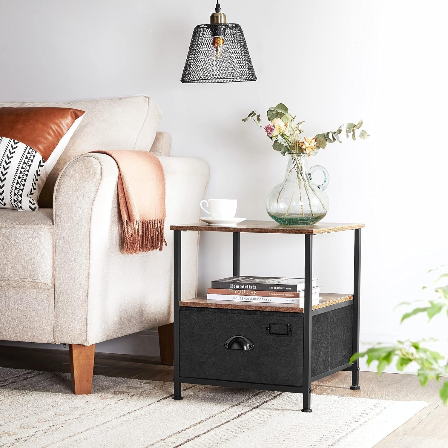 Nightstand Bedside Table with Storage Fabric Drawer Dresser 47x41cm