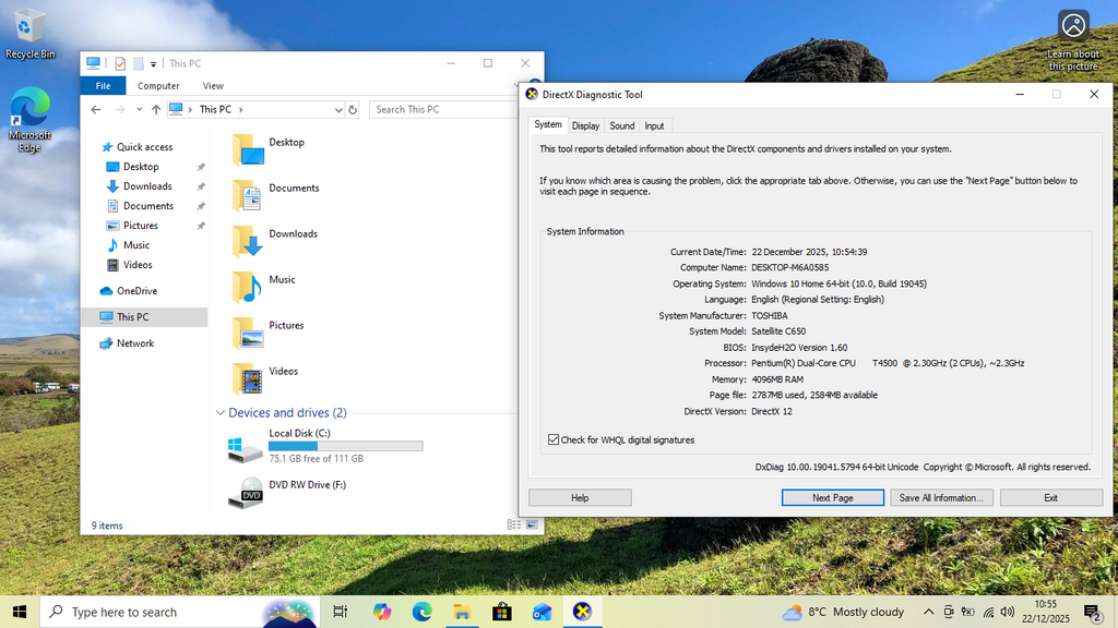 TOSHIBA SATELLITE C650-166, Dual Core T4500 2.3GHz, 4GB RAM, 128GB SSD NO WEBCAM