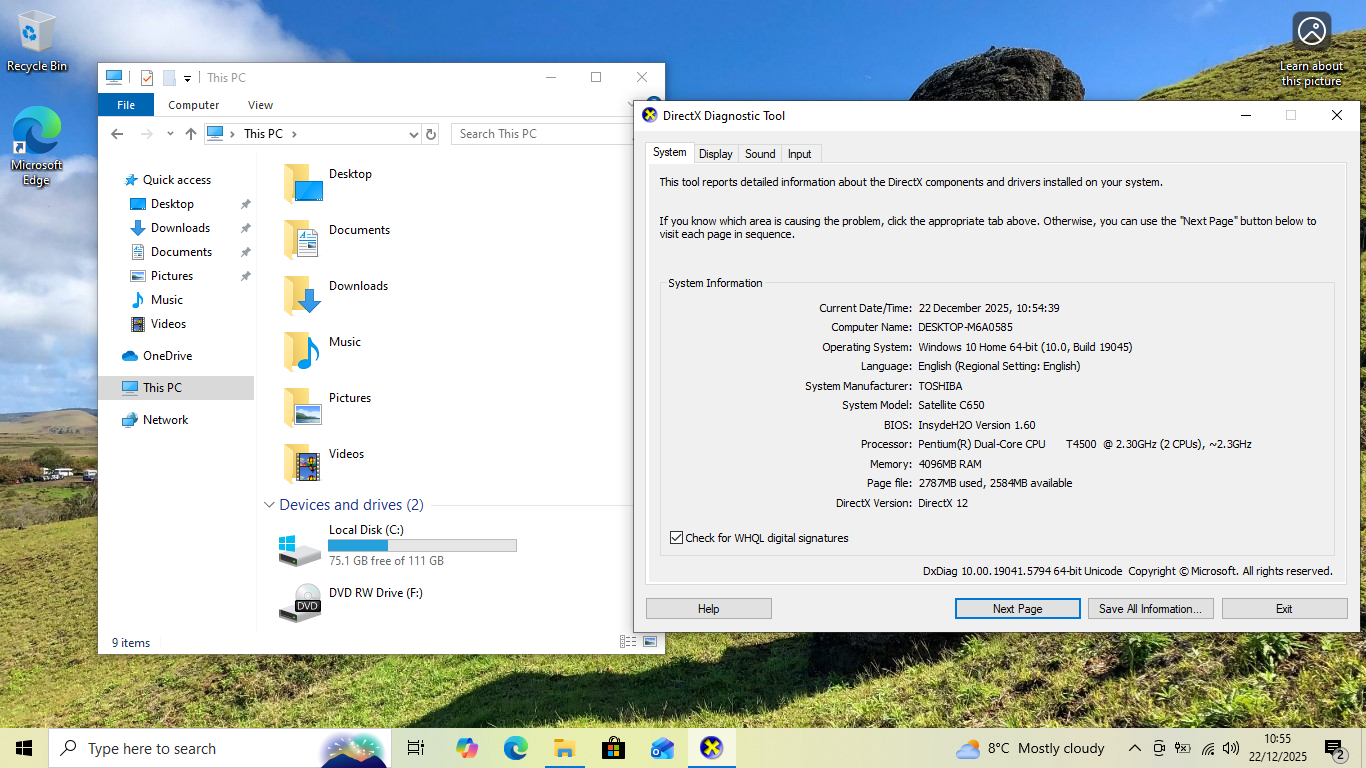 TOSHIBA SATELLITE C650-166, Dual Core T4500 2.3GHz, 4GB RAM, 128GB SSD NO WEBCAM