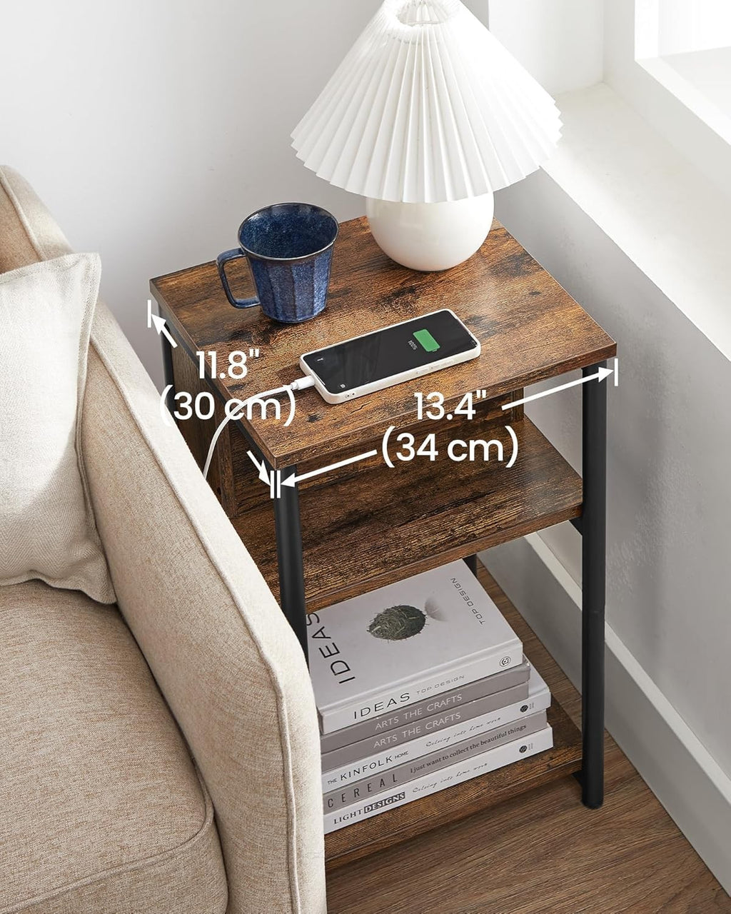 Charging Station Side Table Slim Narrow Bedside Table w 2 AC Outlets & 2 USB