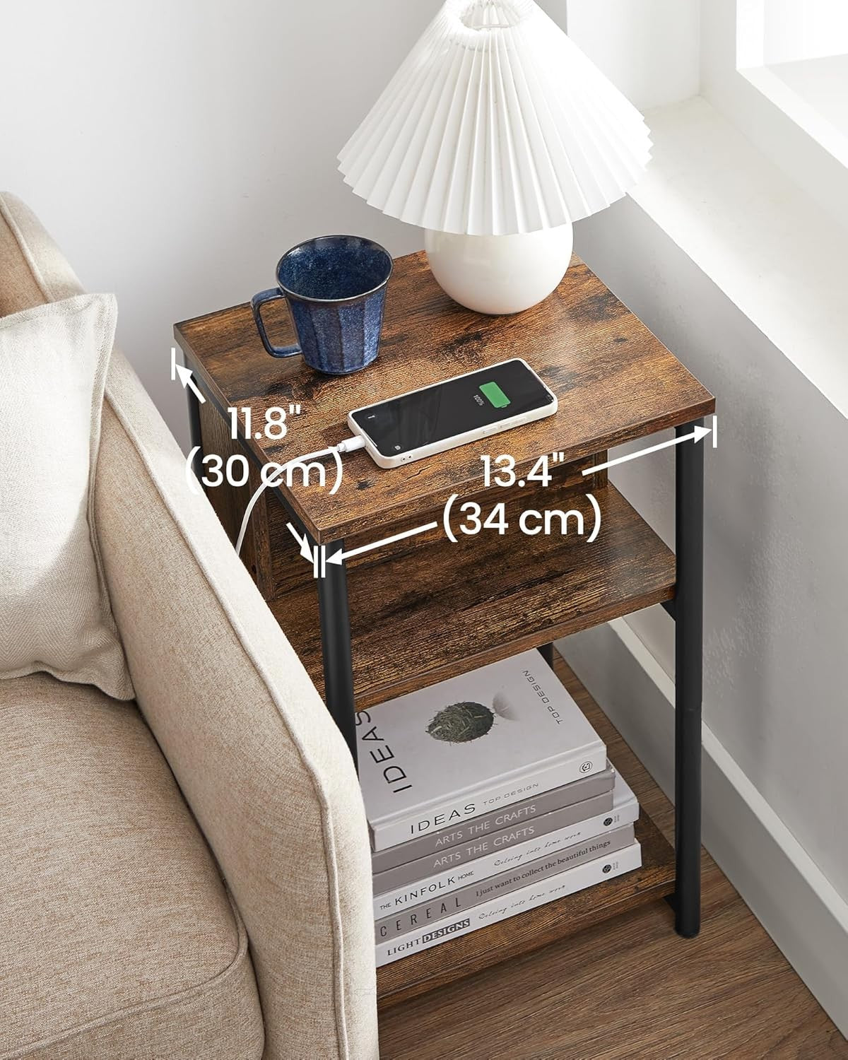Charging Station Side Table Slim Narrow Bedside Table w 2 AC Outlets & 2 USB