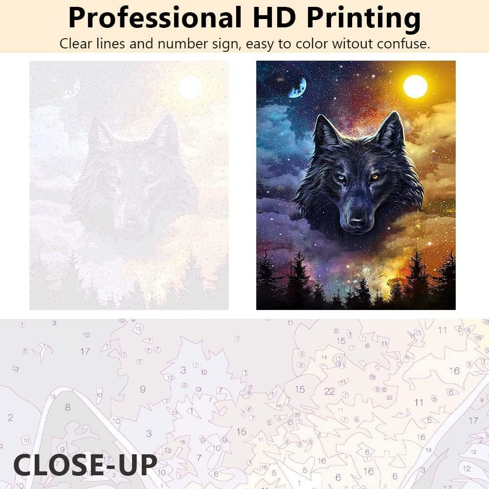 Paint by Numbers Kit Wolf King Under The Stars Painting Canvas, Easel & Brushes