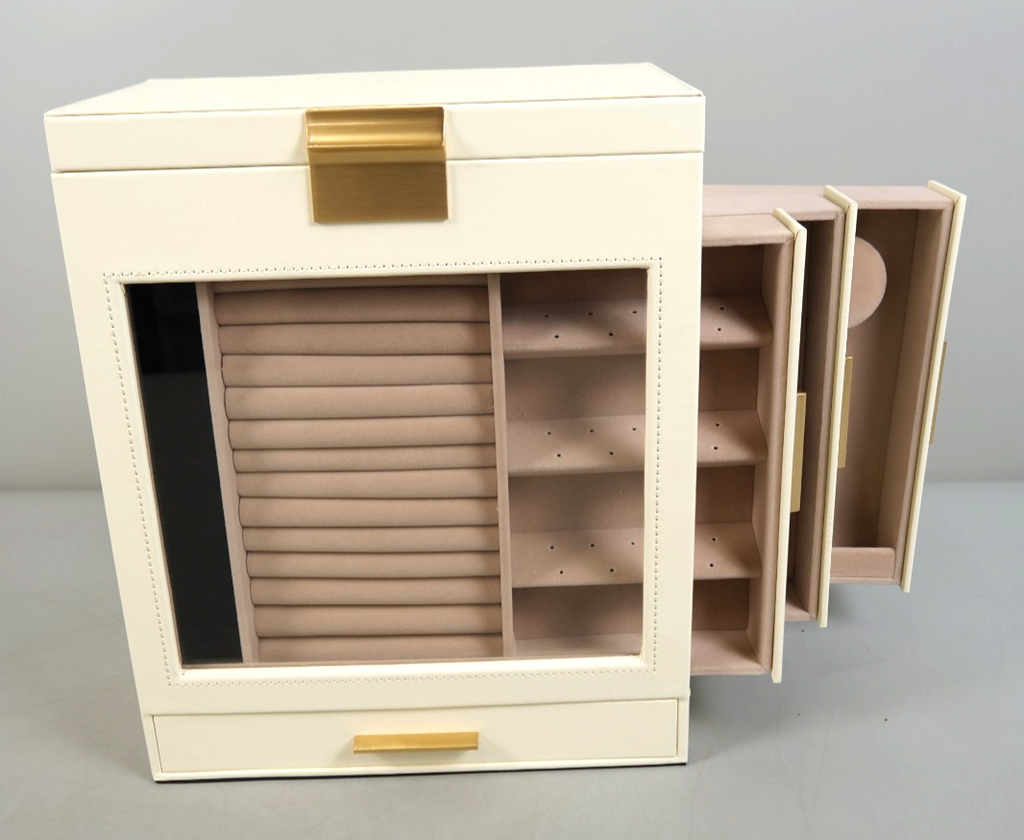 Jewellery Box with Glass Window 5-Layer Jewellery Organiser Gold Cream