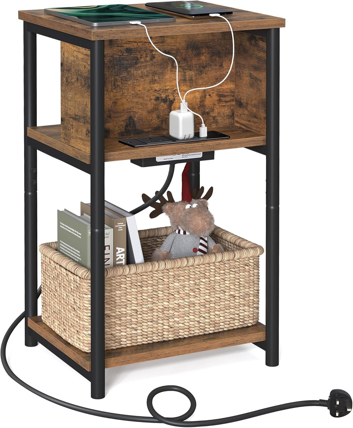 Charging Station Side Table Slim Narrow Bedside Table w 2 AC Outlets & 2 USB