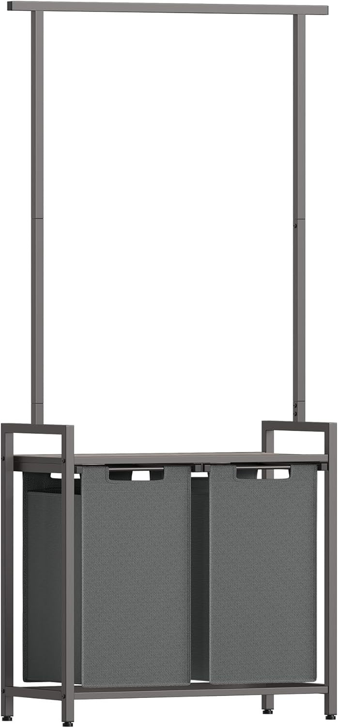 Laundry Basket 2-Section Laundry Hamper with Clothes Rail and Shelf