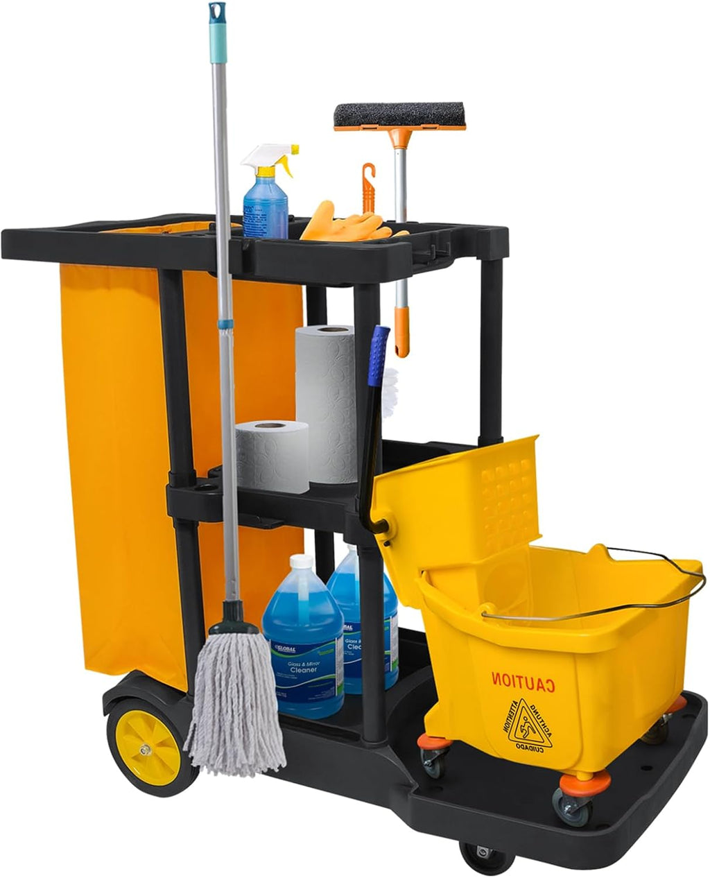 Commercial Cleaning Trolley on Wheels Cart Cleaning Heavy Duty Janitor Cart 3-Tier