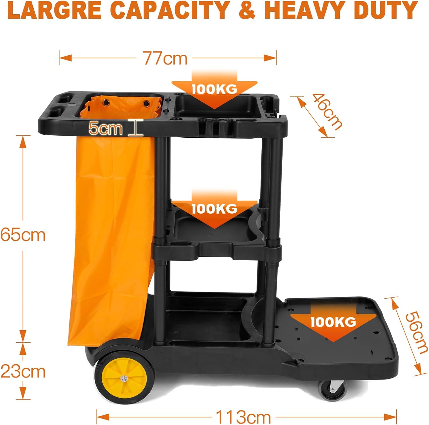 Commercial Cleaning Trolley on Wheels Cart Cleaning Heavy Duty Janitor Cart 3-Tier