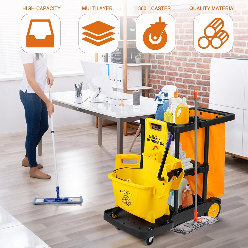 Commercial Cleaning Trolley on Wheels Cart Cleaning Heavy Duty Janitor Cart 3-Tier