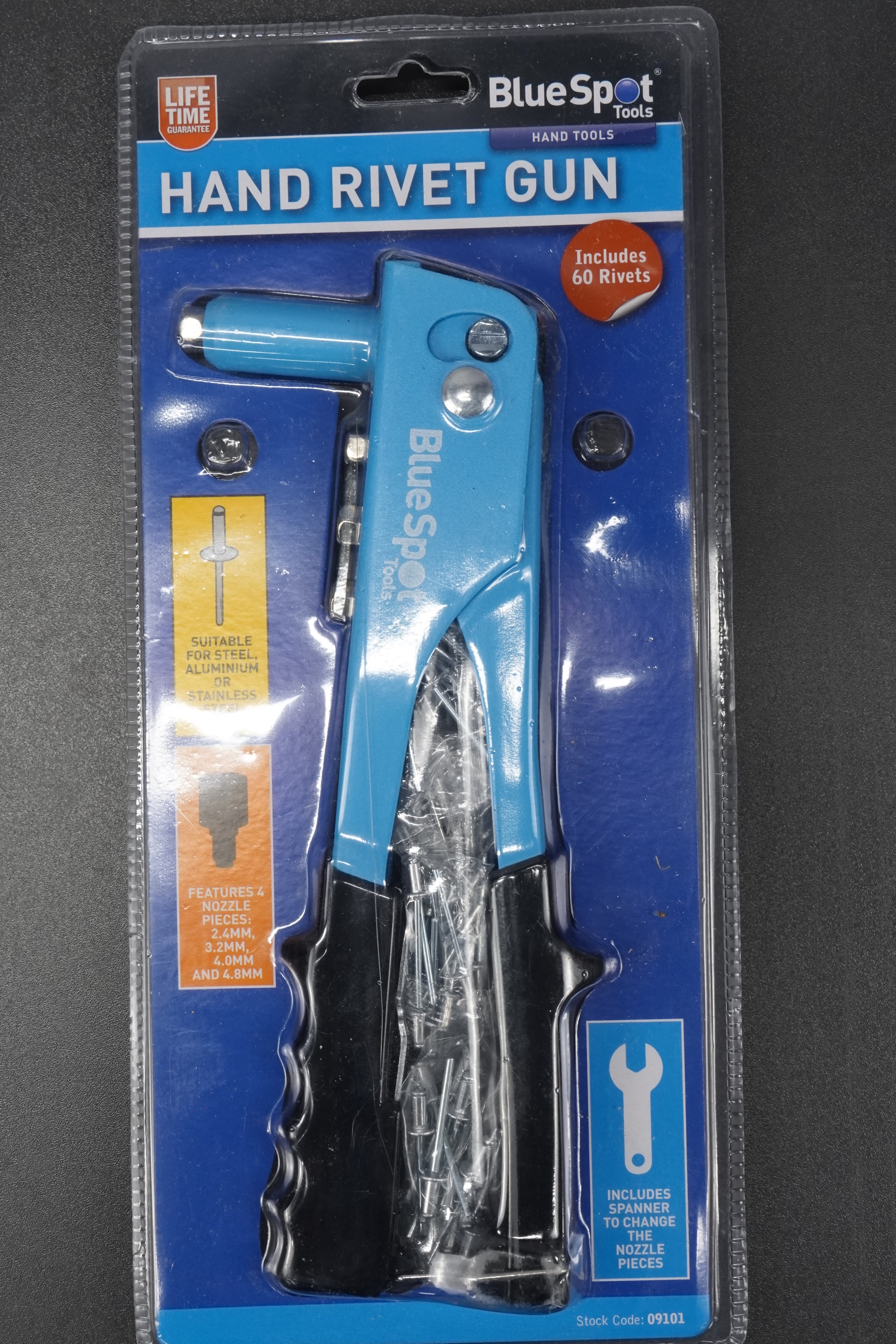 BlueSpot 09101 Hand Rivet Gun 60 Rivets 4 Nozzles 2.4 3.2 4.0 4.8mm