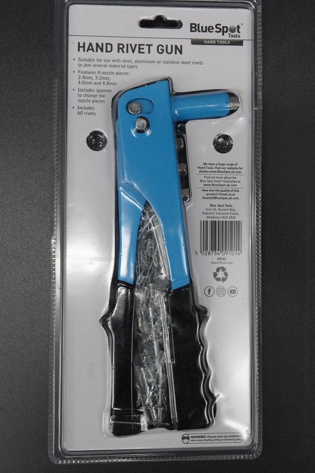 BlueSpot 09101 Hand Rivet Gun 60 Rivets 4 Nozzles 2.4 3.2 4.0 4.8mm